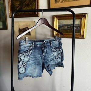 Embroidered Blue Denim Shorts